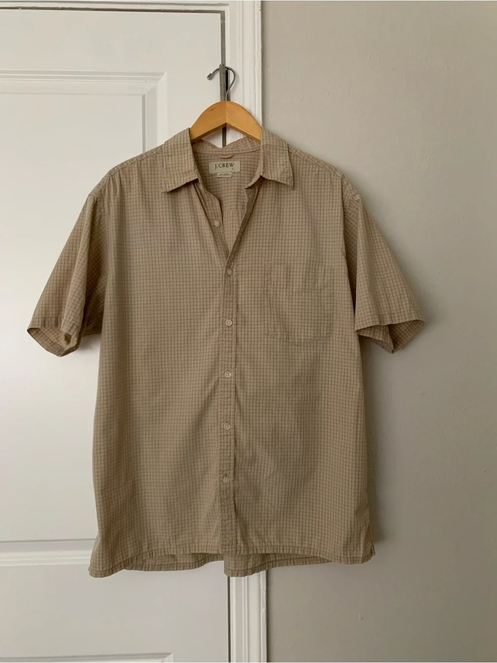 J. Crew Mens Beige Button Down Grid Pattern